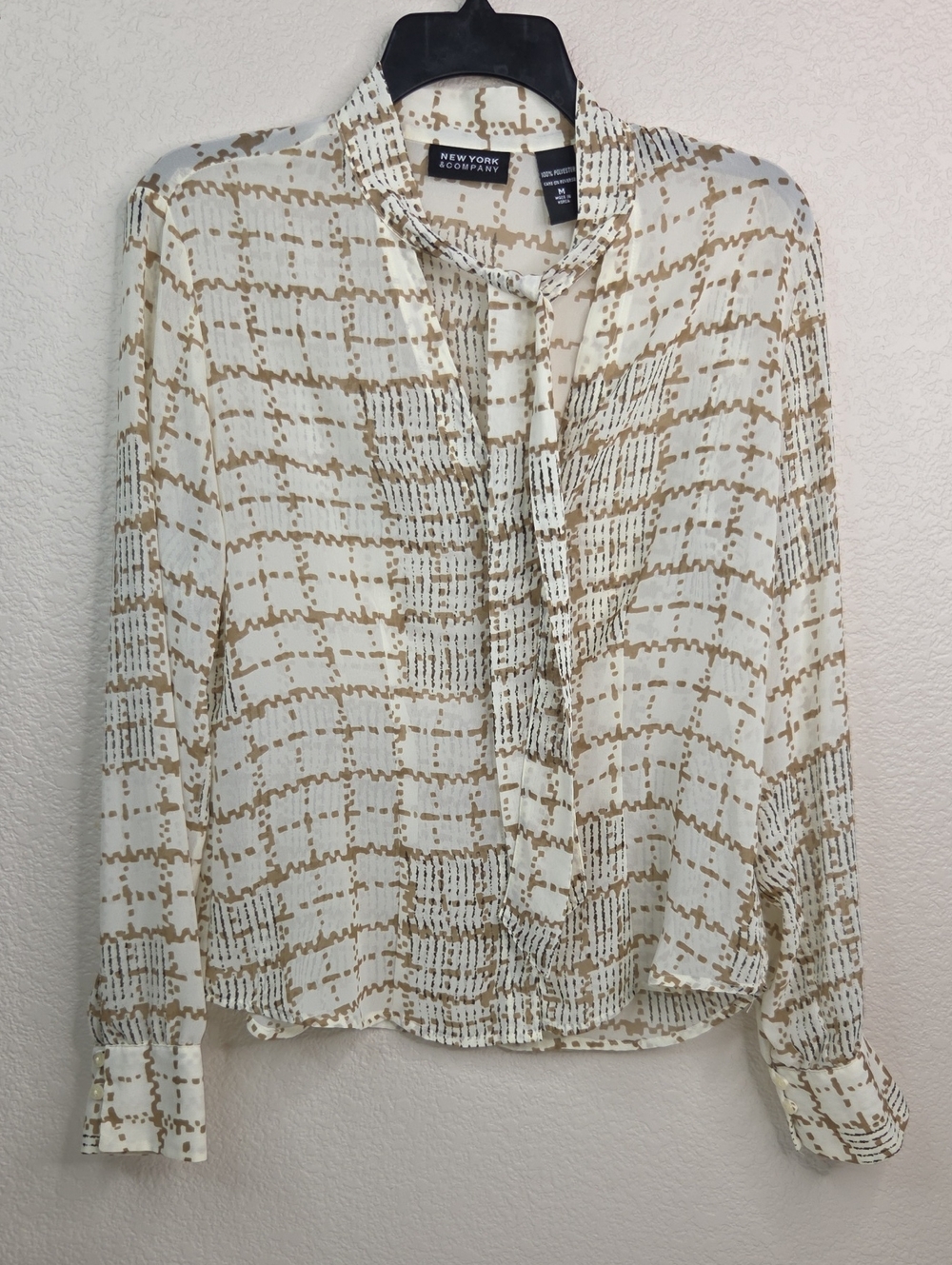 New York & Company Cream and Tan Tie-Neck Printed Blouse